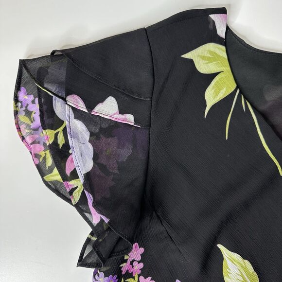 Studio 1 Chiffon Top Sz 14 Black Floral Flutter Sleeve Ruffle Dark Romantic 90s - Picture 5 of 13